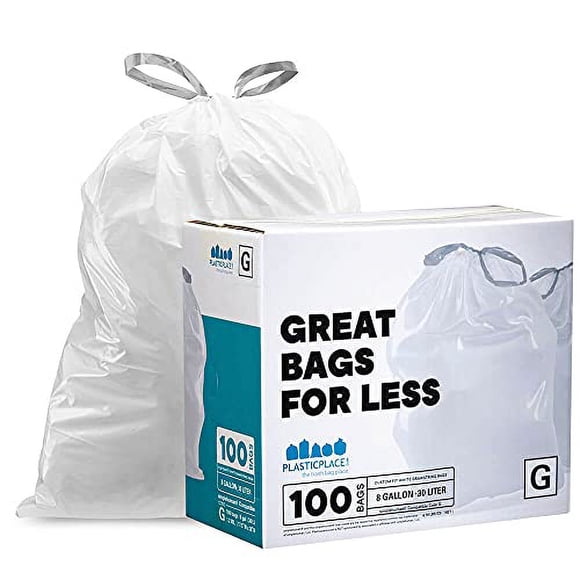 Plasticplace Sacs à Ordures sur Mesure, Compatibles avec simplehuman Code g (100 Unités) Doublures de Poubelle Blanches à Cordon 8 Gallons / 30 Litres, 17,5 Pouces x 28 Pouces