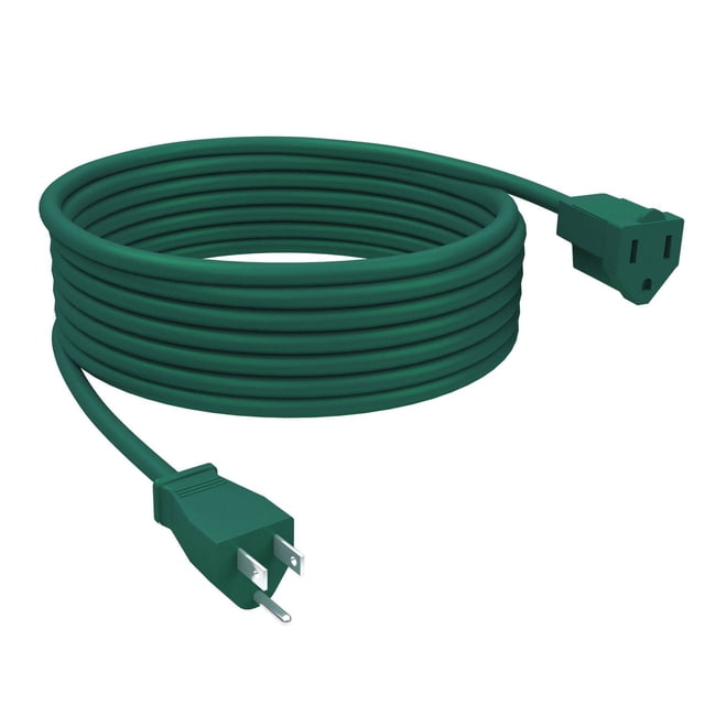 Stanley Power Cord 20' 16/3 Outdoor Extension Cord coiled with green AWG 16/3 SJTW vinyl insulation, featuring a grounded three-prong plug and one grounded outlet, rated 125VAC/60Hz/15A/1875W, suitable for extending outdoor power safely and often used for holiday lighting setups.