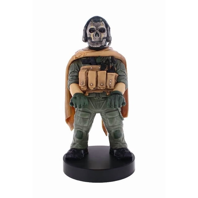 Exquisite Gaming Call Of Duty - Figurine de Guy Torsadé Ghost Warzone Debout sur une base Ronde Noire, Portant un Pantalon Tactique Vert avec Genouillères, Gants Verts, un Gilet Tactique Beige avec Multiples Pochettes, une cape Beige Drapée sur les Épaules, et un Casque Noir, Conçu pour Tenir des Manettes de Jeu et des Téléphones Mobiles.