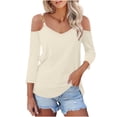 thumbnail image 2 of RXIRUCGD Femmes Uni Manches 3/4 Col en V Chandail Sans Bretelles Hauts Chemises Blouse, Beige, Taille : L, 2 of 7