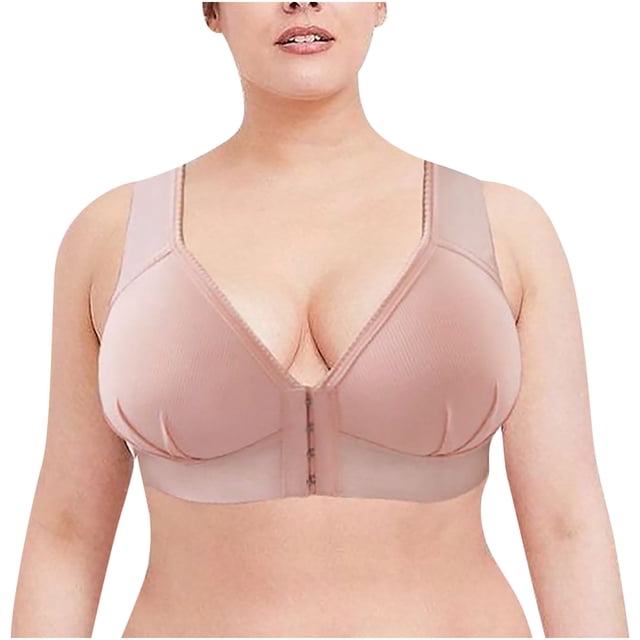 RKSTN Bras for Women Front Closure Plus Size Full Coverage Bra Solid Color V Neck Underwire One-Piece Everyday Underwear