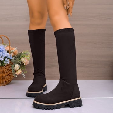 AUNVITO Bottes Hautes Jusqu'au Genou Extensibles et Ajustées pour Femmes, Bottes d'Hiver Mi-Mollet Élastiques avec Talon Épais, Bout Rond, Décontractées Rétro, Unies, Brun/beige