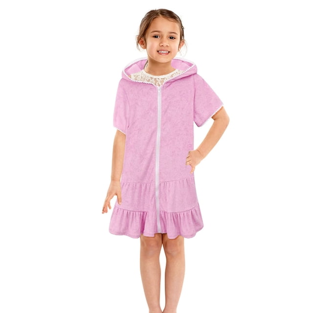 LSLJS Girls Swim Cover Up Kids Swimsuit Coverup Kids Zip-Up Beach Pool Bathing Suit Robe with Pockets
