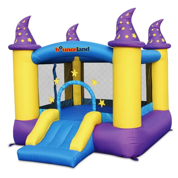 Wizard Inflatable Bounce House Bouncer, Spacious Bouncing Area with Fun Slide, Safe hook-and-loop fastener Entrance, Basketball Hoop, Fun Party Wizard Castle Theme, Inflated Size: 9 ft x 8 ft x 7 ft H