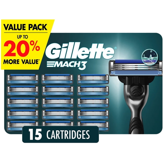Gillette Mach3 Razor Recharges de Lames, Paquet Contenant 15 Cartouches à Trois Lames avec Bandes Lubrifiantes et Protège-Lames en Microfin pour un Rasage de Près, Confortable, compatible avec Tous les Manches Mach3, Affiché sur un Fond Sarcelle avec une Étiquette de Paquet Valeur Offrant jusqu'à 20 % Plus de Valeur.