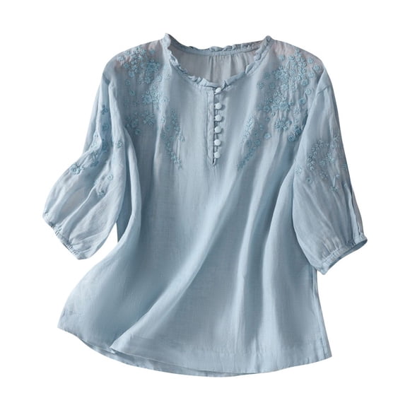 CHOK Womens Tops Dressy Casual 2024 Cotton Linen Solid Color Shirts Mexican Embroidered Peasant Blouses Short Sleeve Turndown Collar T Shirts Hawaiian Beach Comfy Breathable Tops