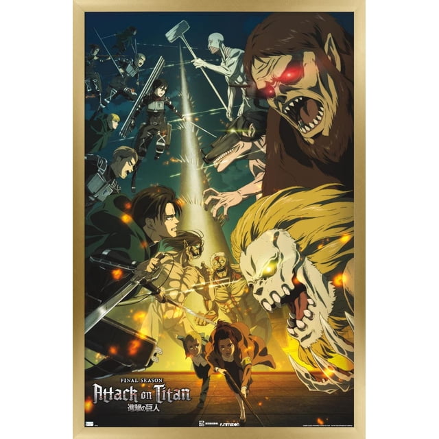 Attack on Titan : Saison 4 - Affiche Murale Visuelle Clé 3 avec Cadre Magnétique, 22,375 Pouces x 34 Pouces Présentant une Scène de Bataille d'Anime à Haute Résolution avec des titans et des Personnages Humains. l'Affiche Montre un Grand Titan aux Yeux Rouges Lumineux, un Titan Semblable à un Lion aux Yeux Jaunes, et un Titan Semblable à un Loup, aux Côtés des Humains Équipés d'Épées et d'Équipement de Manœuvre Verticale Attaquant depuis la Gauche.