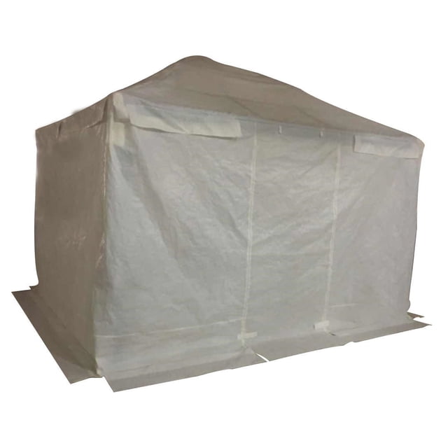 F.Corriveau International winter cover in white 185g/m2 polyethylene, enclosing a gazebo with a peaked roof. It includes a front door, vent holes to reduce wind and condensation, Velcro attachments on each post, and eyelets for ground anchoring. Ideal for protecting outdoor gazebos from snow and UV damage during winter and suitable for covering garden furniture in off-season.