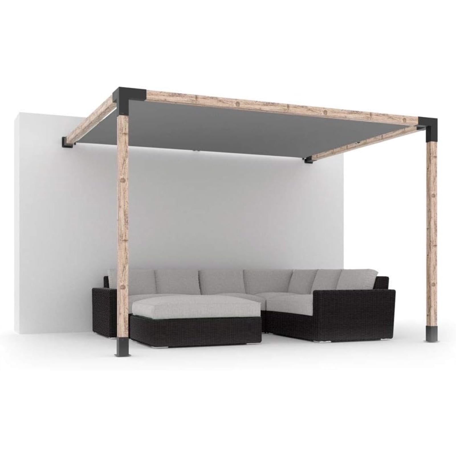 Kit de pergola murale Toja 8'x8' avec voile d’ombre en graphite pour poteaux en bois 4x4