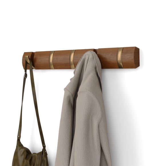 Umbra Flip Wall-Mounted Coat Rack with 5 Hooks  Modern, Space-Saving Storage for Hats, Jackets, Bags, Entryway, Mudroom, Closet, Bathroom, Bedroom  Light Walnut/Gold