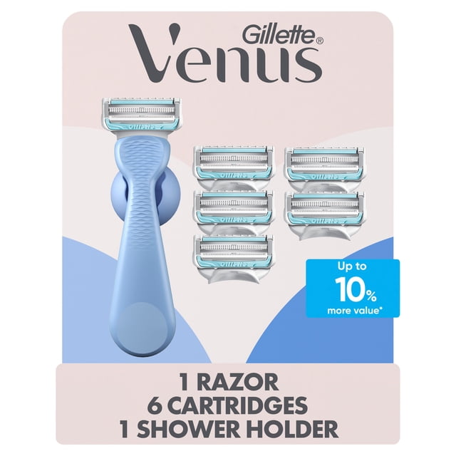 Gillette Venus for Pubic Hair & Skin bikini razor for women with a textured light blue ergonomic handle, six razor blade refills featuring anti-irritation barriers and back blades for precise shaping, plus one shower holder, displayed on a pastel pink and blue background, designed to protect sensitive skin from ingrowns and bumps.