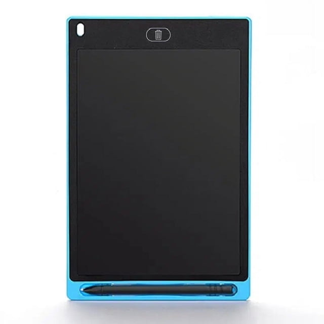 Graflsoa 8.5-Inch LCD Writing Tablet for Kids in blue, a colorful electronic drawing board with a plastic frame and LCD screen. This portable handwriting pad features a one-touch erase button, a lock function for saving drawings, and a child-safe battery lock. Lightweight and durable, it is ideal for doodling, note-taking, or reducing paper use. A stylus is securely stored at the bottom of the tablet.