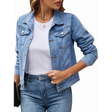 Jean Jackets for Women Basic Long Sleeve Button Down Denim Jacket Cropped Fashion Jean Jacket Light Blue L
