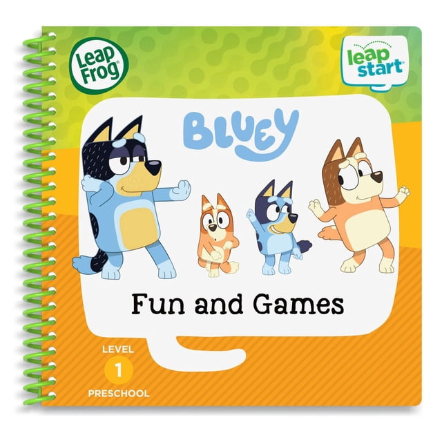 LeapFrog LeapStart® Preschool (Level 1) Bluey Fun and Games Activity Book with green spiral binding, featuring Bluey and family characters in playful poses on a multicolour cover with green and orange backgrounds, designed for interactive learning with LeapStart® educational electronics.