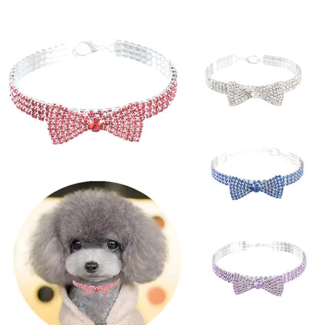 Rhinestone Bowknot Pets Collars 3 Rows Non-elastic Adjustable Rhinestones Belt Cats Dogs Accessories