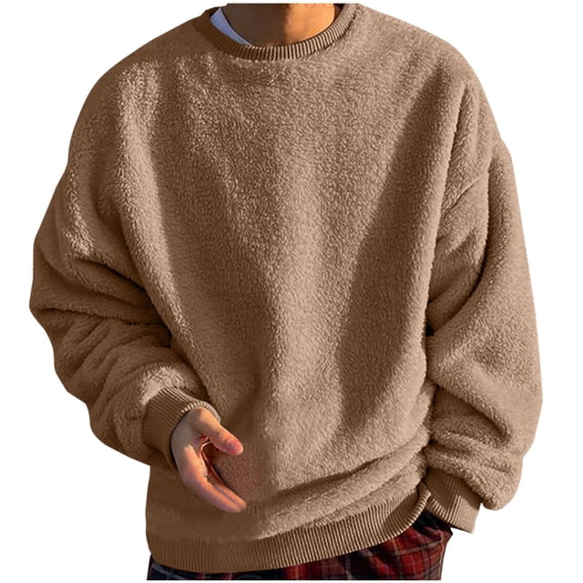 Penkiiy Chandail Sherpa Duveteux pour Homme à Manches Longues, Col Rond, Chandail Molletonné, Confortable, Basique, Unisexe, Automne Hiver, Hauts Chauds, L Kaki