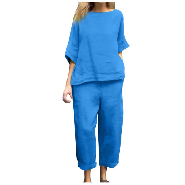 Timegard Ensemble 2 Pcs Grande Taille pour Femmes Manches 1/2 Col Rond Hauts Décontractés Amples Pantalons Raccourcis avec Poches Ensembles