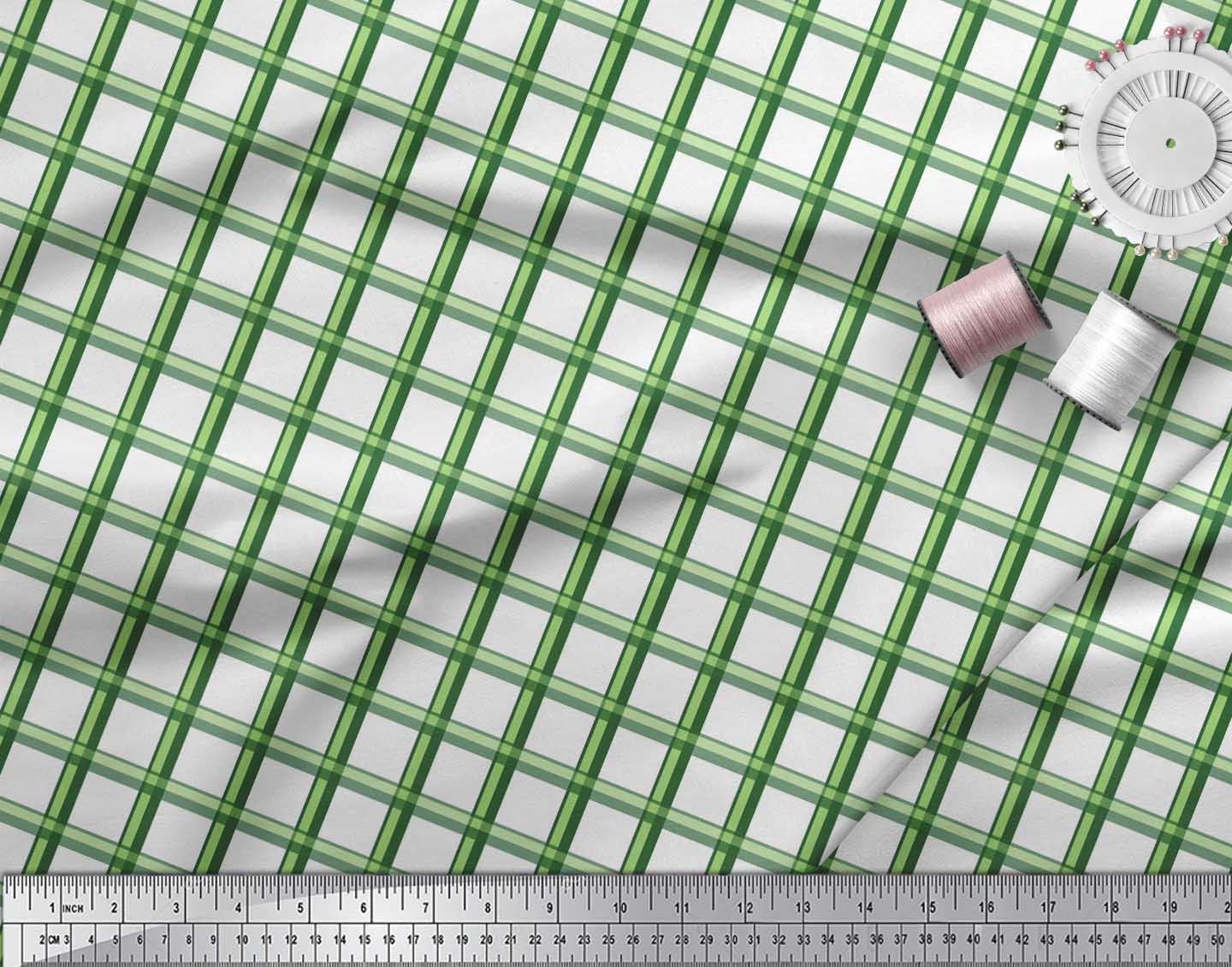 Soimoi Green Cotton Voile Fabric Window Pane Check Print Fabric by the Yard 56 Inch Wide