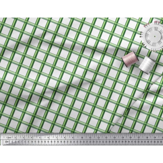 Soimoi Green Rayon Fabric Window Pane Check Print Sewing Fabric Yard 42 Inch Wide