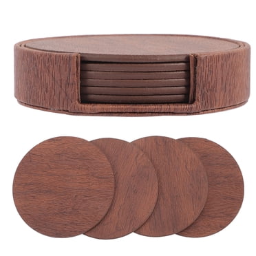 1 Set Leather Coaster Drink Coasters with Holder Wood Grain Coaster Round Coaster