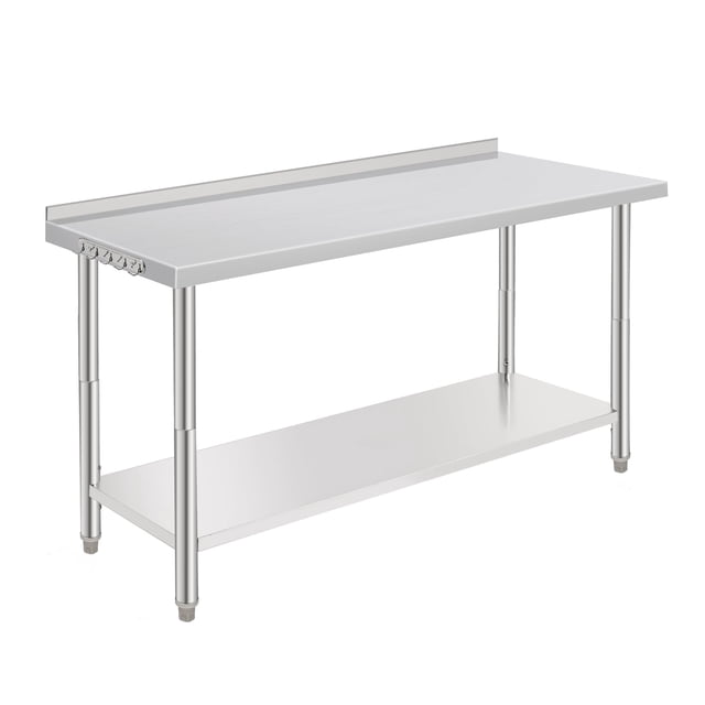 Table de Préparation en Acier Inoxydable NSF Robuste - 60x24x35 Pouces - Tablette Inférieure Réglable, Crochets pour Outils, Bord Droit, Sans Roulettes, Baffle Arrière, pour Restaurant et Entrepôt