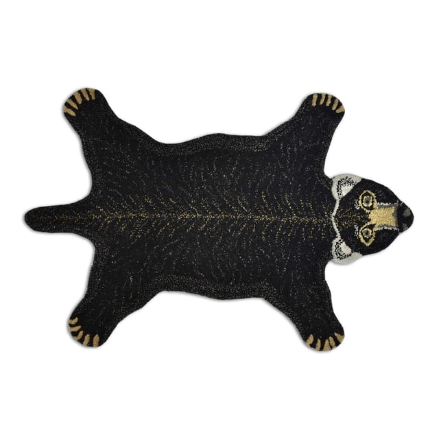 Fabstyles Black Bear Rug, a black 100% wool area rug shaped like a bear with beige and white detailing on the face and paws, handwoven for durability, ideal for living room, hallway, patio, or bedroom use and suitable as an accent rug in high-traffic areas.