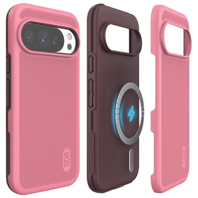 TUDIA MergeGrip pour Google Pixel 10 Case et Google Pixel 10 Pro Case 2025 Compatible MagSafe en Rose Fumé. l'Étui Présente une Conception à Double Couche avec une Couche Intérieure en TPU Absorbant les Chocs et une Étui Extérieure en polycarbonate durable. Il Comprend des Bords Surélevés pour la protection de l'Écran et de la Caméra, une surface Texturée Antidérapante pour une Prise Accrue, et des Découpes Précises pour un Accès Facile à Tous les ports et Boutons. l'Étui Est Mince, Pratique pour les Poches et Compatible