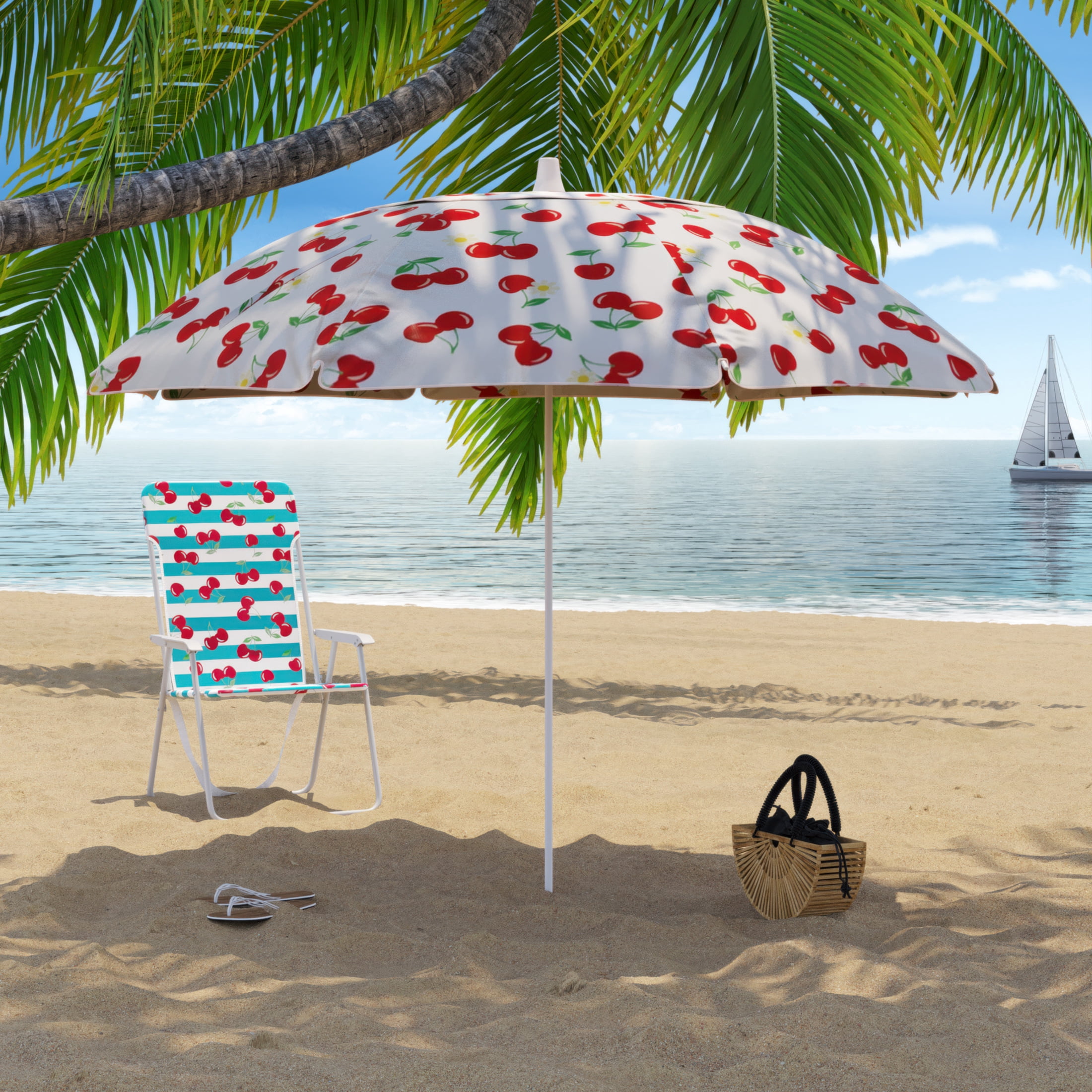 Mainstays 7 ft. Cherries and Daisies Octagonal Beach Umbrella