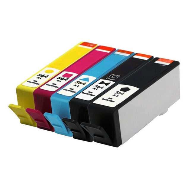Generic High Yield Ink Cartridge for HP 564XL - BK, Photo BK, C, M, Y - Combo Pack. A set of five multicolour ink cartridges, including black, photo black, cyan, magenta, and yellow, designed for HP printers. Each cartridge is labeled with its respective colour and model number, displayed in a front-facing arrangement.