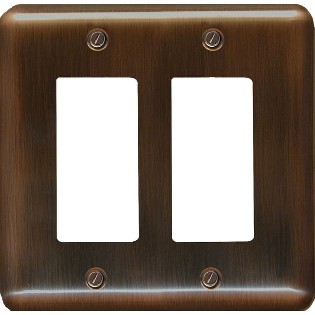 Atron Electro Industries Elite Antique Copper Double Rocker Wall Plate with antique copper finish and brushed metal texture, featuring two rectangular rocker switch openings and four mounting screws, suitable for decorative electrical switch installations and enhancing home décor.