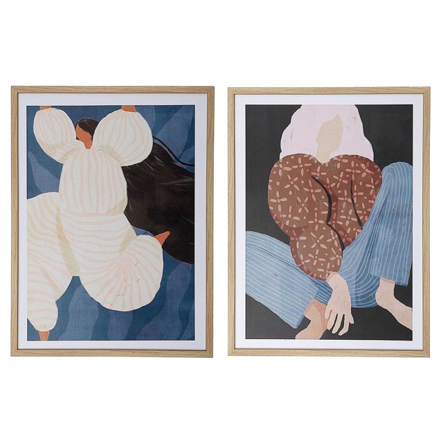 Art Mural sur Toile Encadrée Janel & Lisa - Ensemble de 2 Présentant des Oeuvres Abstraites Multicolores de Femmes; l'Un avec des Cheveux Foncés et Fluides en Tenue à Rayures Crème sur Fond Bleu, l'Autre avec des Cheveux Blancs Portant un Haut Brun à Motifs et un Pantalon Bleu sur Fond Foncé, Tous les Deux dans des Cadres en Bois Clair, Convenant à Rehausser les Espaces de Vie Contemporains.