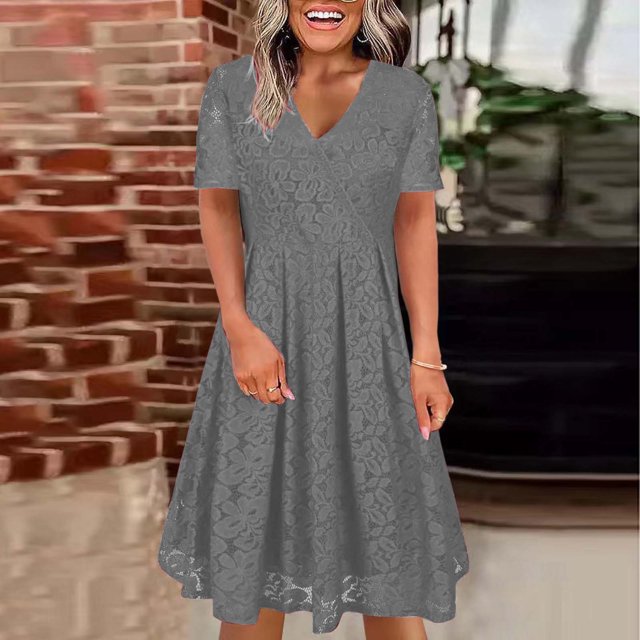 Gspmoly Robe pour Femme, Robe à Col en V de Printemps/été pour Femme, Mode Décontractée Unie en Dentelle à Manches Courtes, Robes Habillées pour Femme jusqu'à 60 % de Rabais