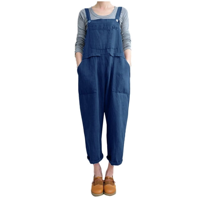 Pompotops Salopette Sans Manches pour Femmes Ample en Coton et Lin, Combinaison Longue de Fête de Couleur Unie Bleue. la Combinaison Présente un design Sans Manches avec Bretelles Ajustables, une Poche avant et une Coupe Ample à Jambe Grand. Fabriquée en polyester, Elle Est Conçue pour un Usage Décontracté et Quotidien, Convient pour l'Été, l'Automne et l'Hiver. le Modèle l'Agence avec un Haut Gris à Manches Longues et des Chaussures Brunes.