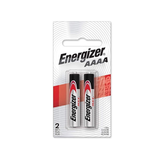 Energizer Alkaline Batteries AAAA 2 Battery Count, featuring two miniature 1.5V alkaline batteries in a compact blister pack. Designed for compatibility with devices like cameras, Bluetooth headsets, and medical monitors, these batteries deliver long-lasting, reliable power. The packaging highlights the Energizer branding with a red and black design on a white background.