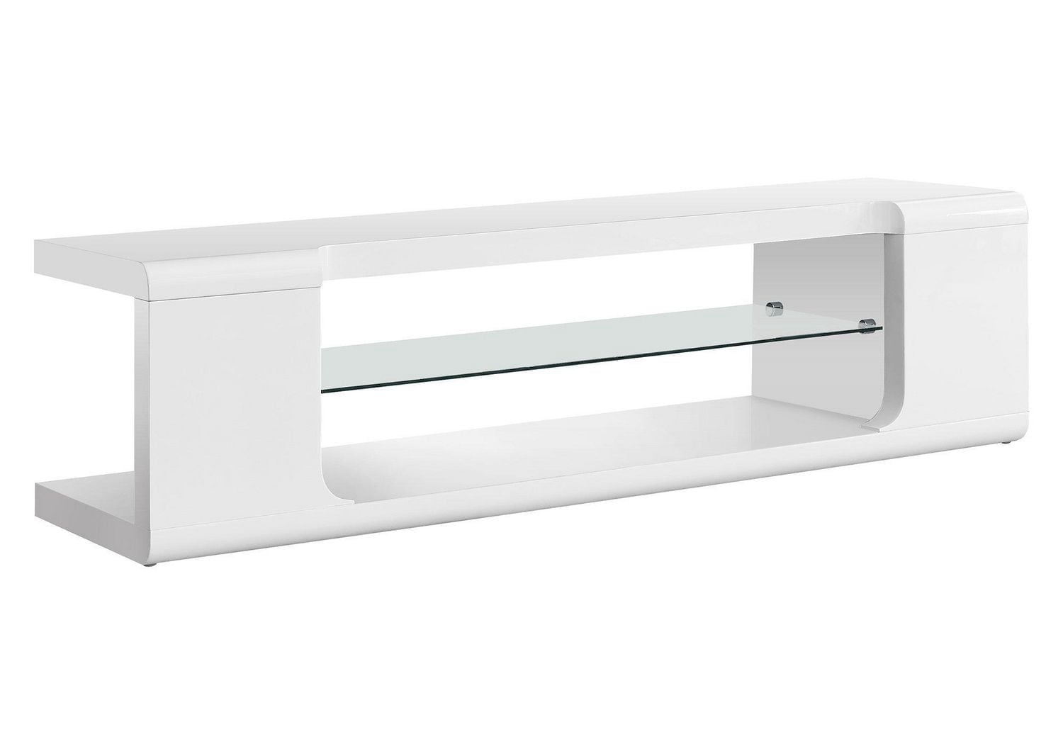 Monarch Specialties Tv Stand, 60 Inch, Console, Media Entertainment Center, Storage Shelves, Living Room, Bedroom, Laminate, Tempered Glass, Glossy White, Clear, Contemporary, Modern
