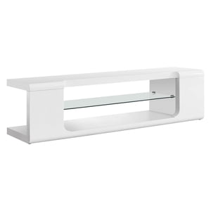 Monarch Specialties Tv Stand, 60 Inch, Console, Media Entertainment Center, Storage Shelves, Living Room, Bedroom, Laminate, Tempered Glass, Glossy White, Clear, Contemporary, Modern