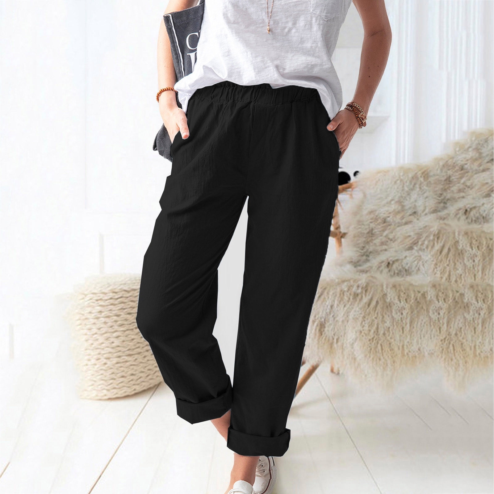 Mikilon Women Casual Solid Color Pockets Elastic Waist Comfortable Straight Pants