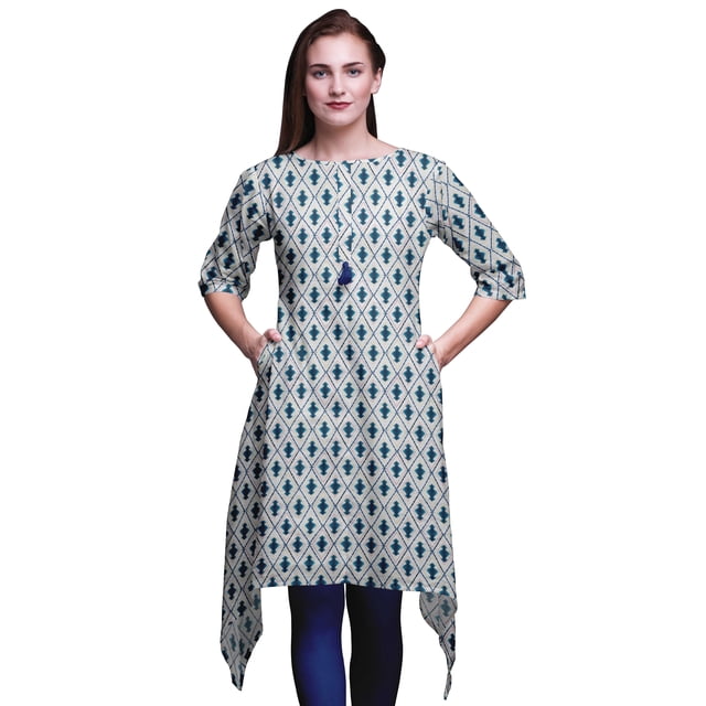 Bimba Hauts Imprimés Ikat Shibori Bleus pour Femmes Kurti Asymétrique Robe d'Été pour Filles Grand