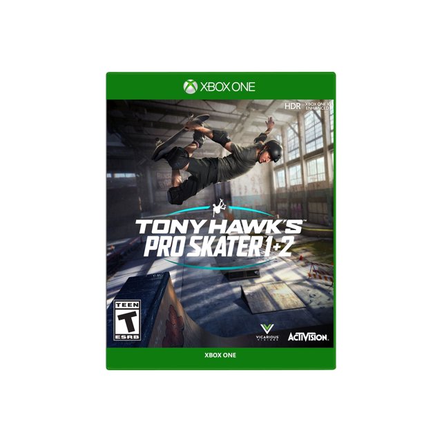Tony Hawk's Pro Skater 1 + 2 for Xbox One, featuring a remastered collection of the iconic skateboarding games with HD graphics. The cover shows a skater performing a trick in an indoor skatepark, with the Xbox One branding and Activision logo visible.