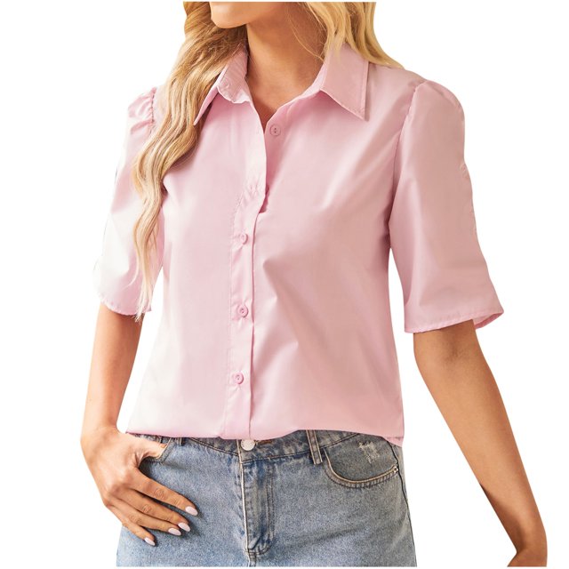 Birdeem Womens Solid Color Short-Sleeve Loose Shirt Button V-Neck Solid Color Pleated Top
