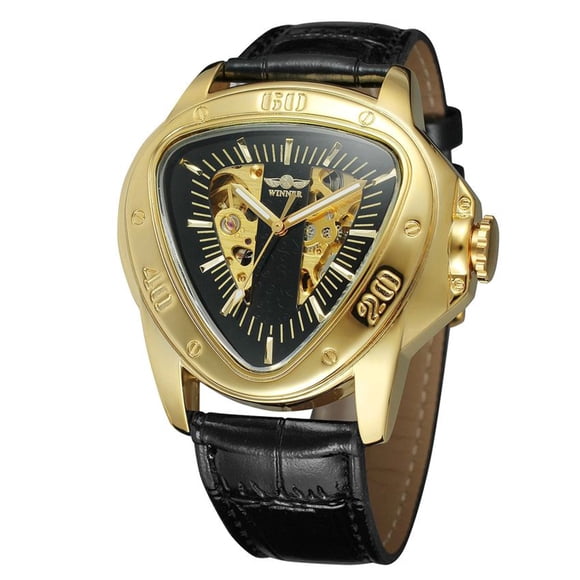WINNER Winner Men's Automatic Mechanical Watch with Hollow Triangle Design, Black Dial, Gold Case & Movement, Leather Strap, Elegant Packaging