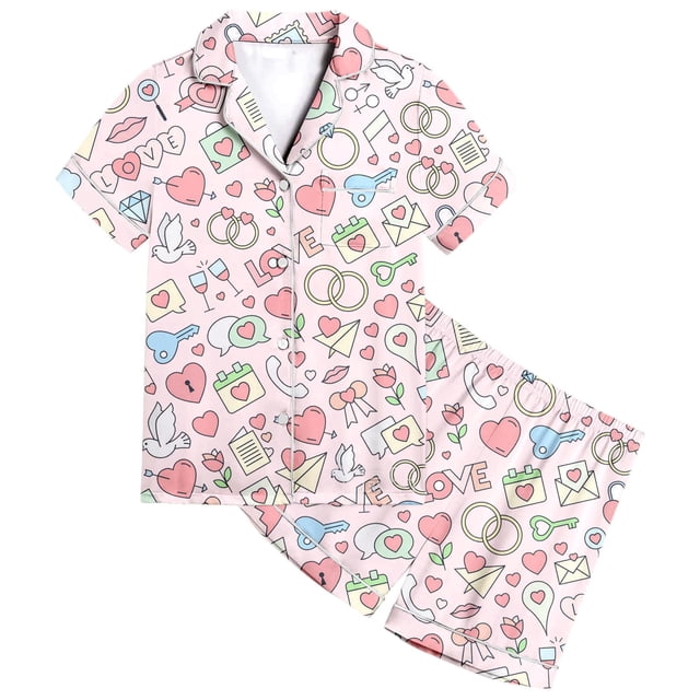 Toddler Girl Pajamas Pattern Printed Short Sleeve Button Down Shorts Set Outfits Baby Girl Clothes Black 4-5 Years