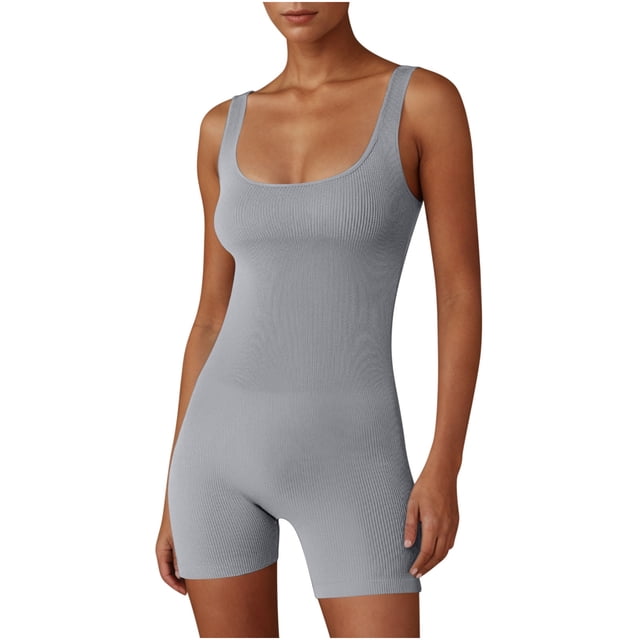 Yuyuzo Women Workout Jumpsuits Ribbed Square Neck 1 Piece Seamless Tank Top Sleeveless Rompers