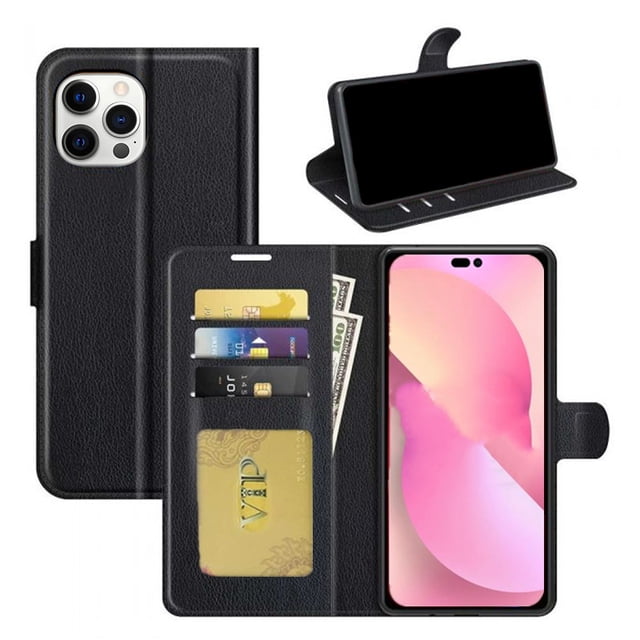 Phonesmart iPhone 14 Pro Max Wallet Case, a leather folio flip cover with magnetic card slots and a pocket for bills. Designed with multiple credit card slots, a secure magnetic clasp, and a media stand function. Made from premium synthetic leather and TPU for shock absorption and drop protection.