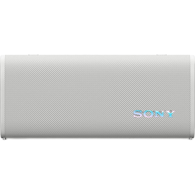 Sony ULT FIELD 3 Wireless Portable Speaker in off white, front-facing rectangular design with perforated grille and iridescent Sony logo, waterproof and dustproof with Bluetooth connectivity, suitable for outdoor use and linking multiple speakers for parties.