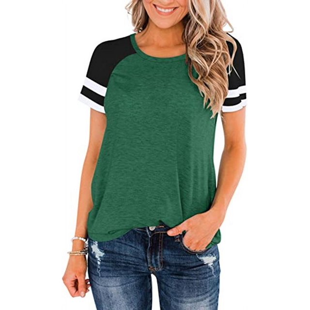 Nouveau T-Shirt Col Rond pour Femmes Manches Courtes Blouse Décontractée à Blocs de Couleur