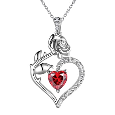 Beautlace 925 Sterling Silver Birthstone Necklace for Women Rose Flower Heart Pendant Necklace Fine Jewelry Anniversary Birthday Christmas Gifts for Women Girls