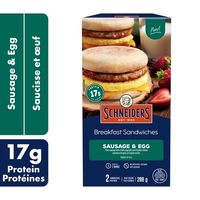 Schneiders Sausage & Egg Breakfast Sandwiches, 2 per pack, featuring pork sausage, fluffy egg patty, and cheddar cheese layered in an English muffin, providing 17g of protein per serving, ready in 2 minutes with no artificial colours or flavours, suitable for quick frozen breakfast meals.