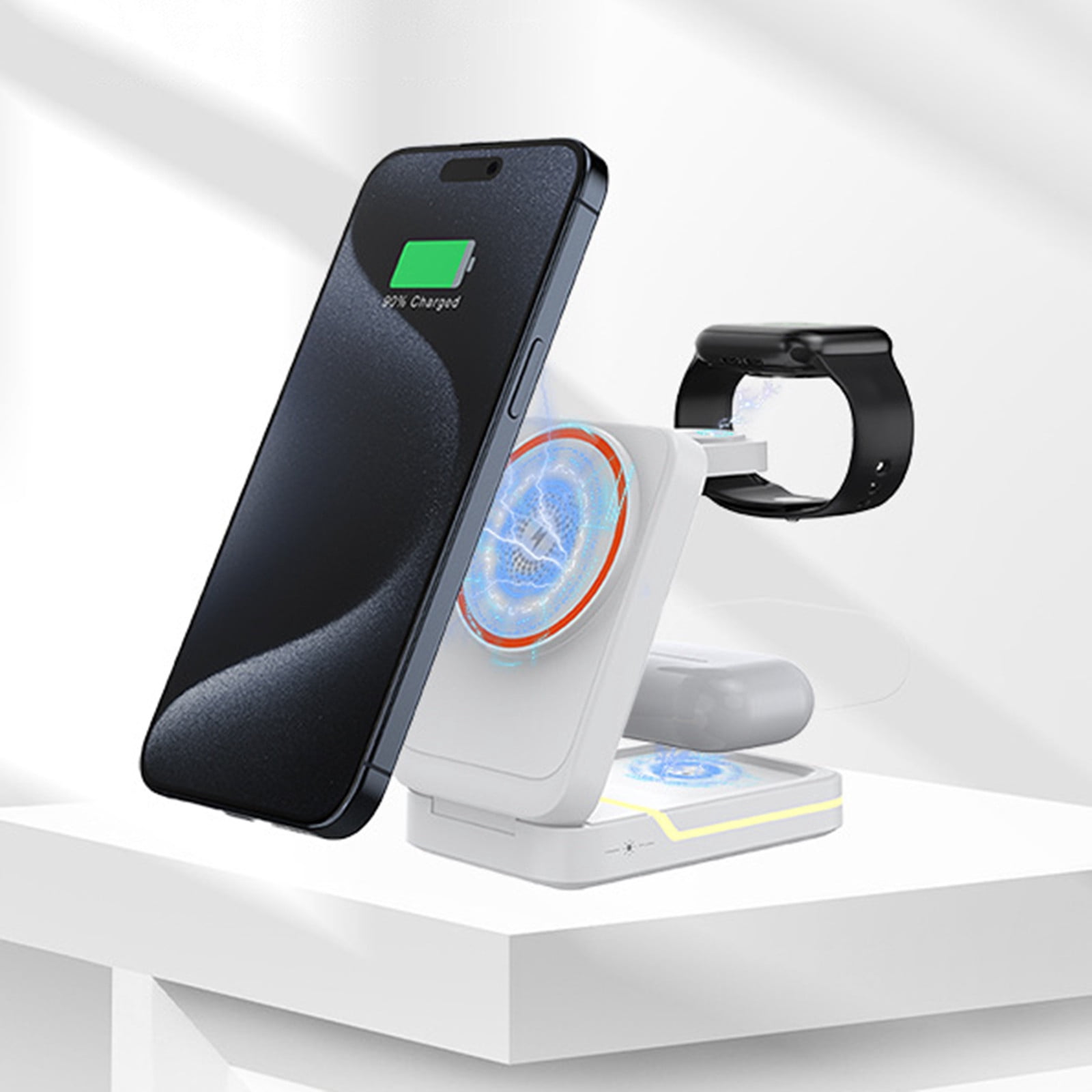 Chmadoxn Wireless Charger, Multifunctional Foldable Wireless Charger For Android And IOS Smart Phones Watches Earphones 3 In 1 Magnetic 15W Wireless Fast Charger With LED Light Wireless charging