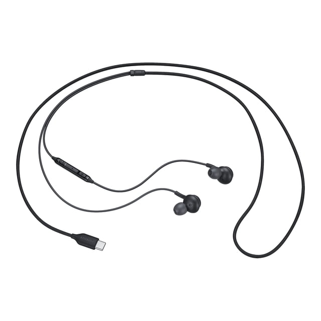 Samsung 3.5mm Earphones (EO-IA500) wired black earbuds with braided cable, featuring 2-way speakers with woofer and tweeter for clear balanced sound, inline remote for volume and playback control, and a secure in-ear fit ideal for music and calls.